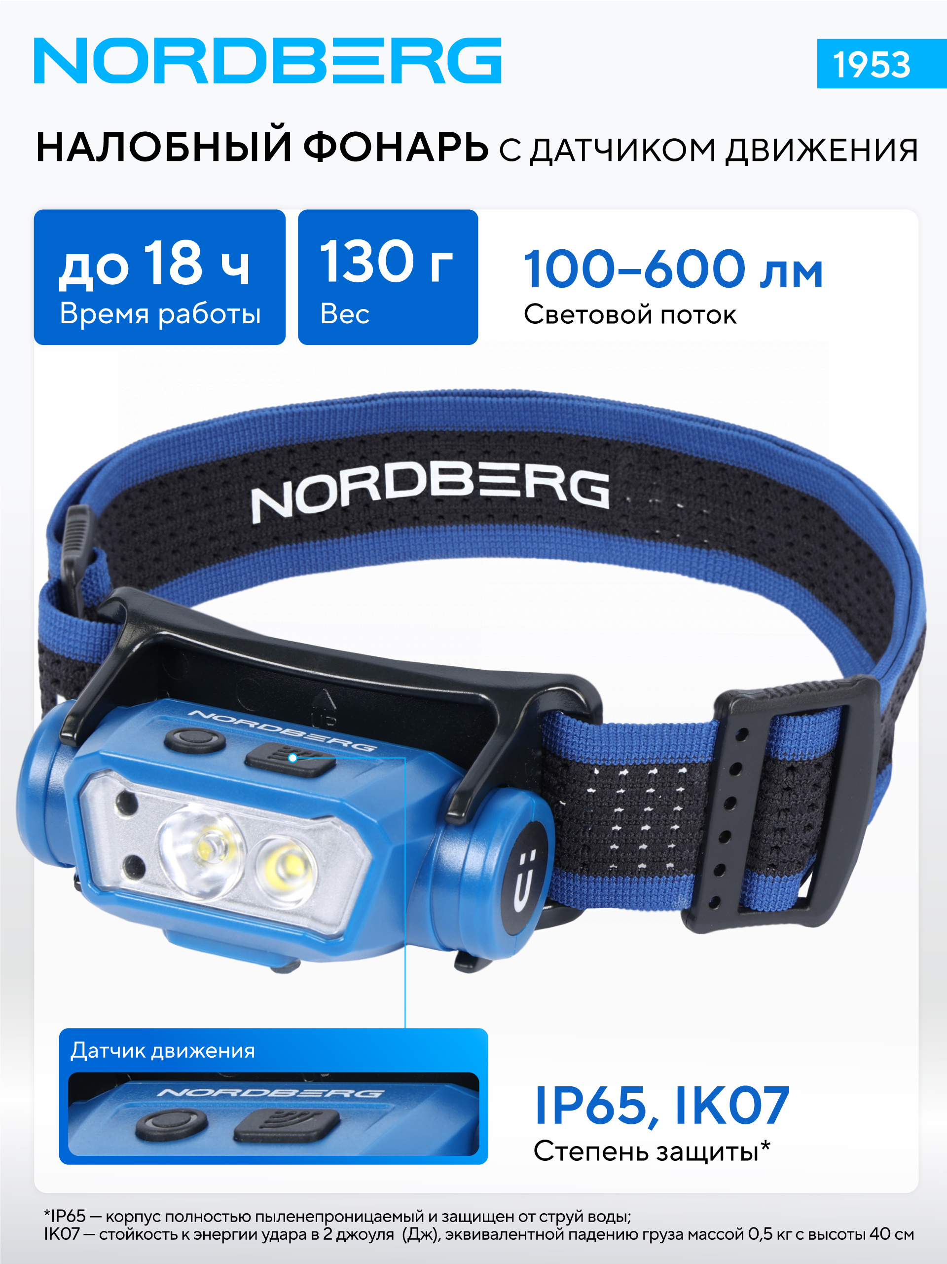 Фонарь светодиодный налобный, аккумуляторный, 3,7 В c датчиком движения NORDBERG 1953