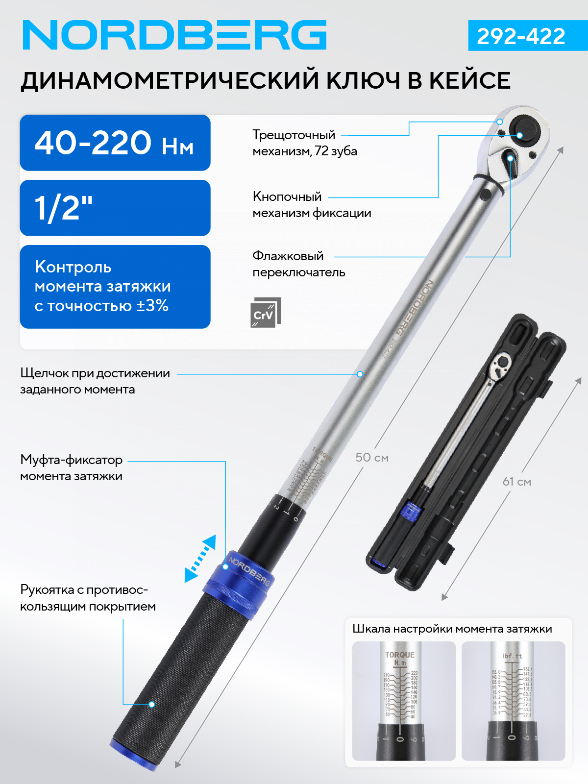 Ключ динамометрический 1/2", 40-220 Нм, в кейсе NORDBERG 292-422