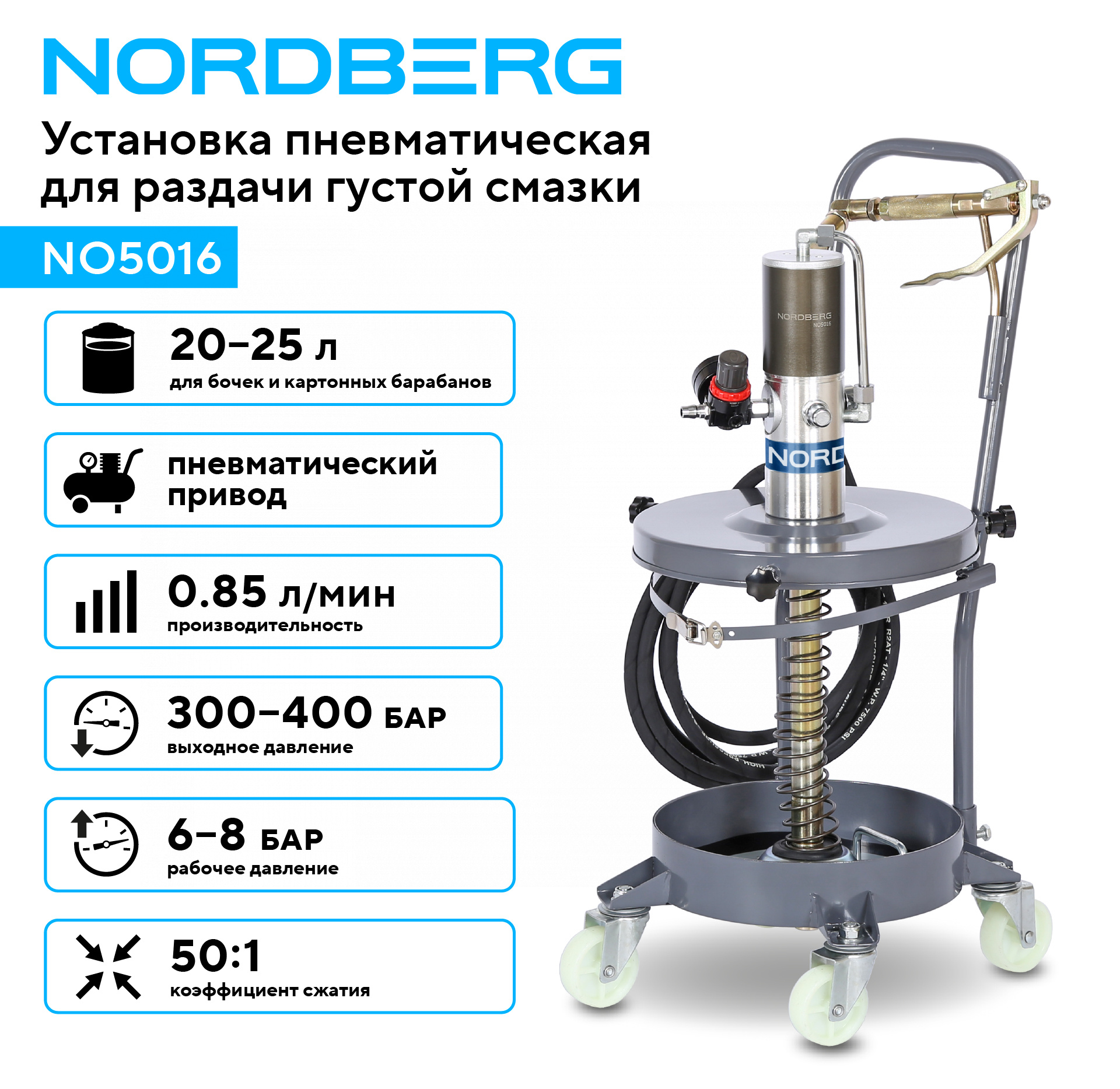 Установка пневматическая для раздачи густой смазки из бочек, 25 л NORDBERG NO5016