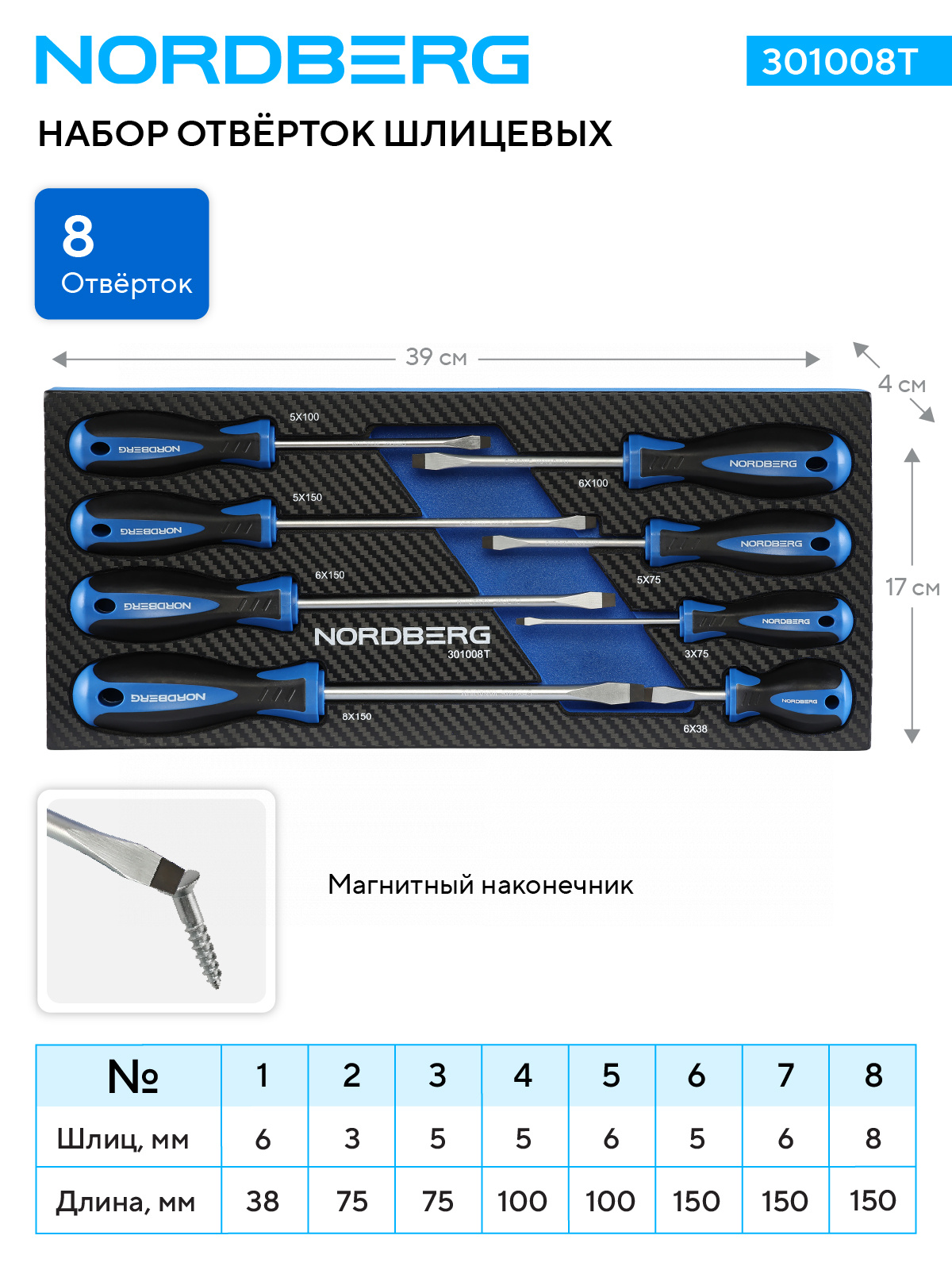 Набор отверток шлицевых в ложементе, 8 предметов NORDBERG 301008T