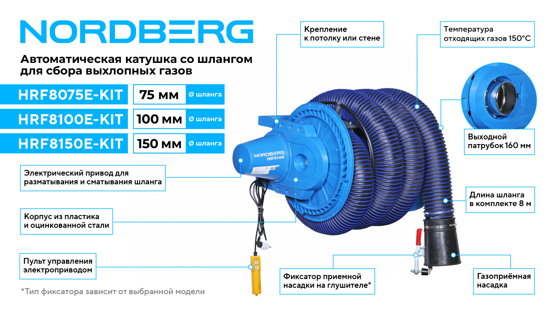Катушка для сбора выхлопных газов с автоматическим приводом со шлангом L=8 м, D=75 мм и насадкой  NORDBERG HRF8075E-KIT